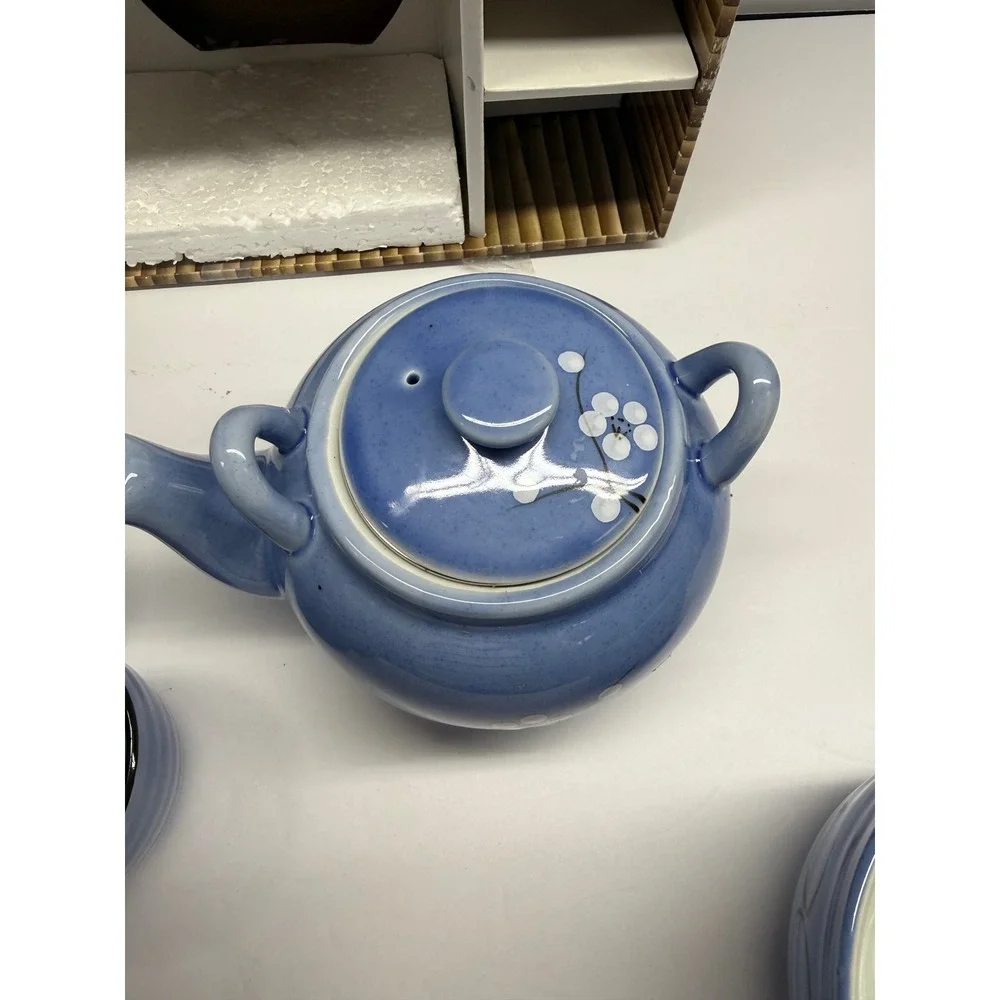 WCL Blue Ceramic Tea Set Cherry Blossom Teapot 4 Cups Large Bowl & Infuser Box